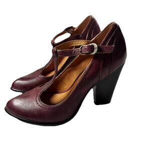 FRYE Betty T Strap Leather Block Heels Women’s Sz 6 M Distressed Brown